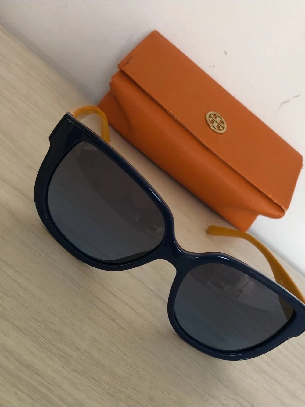Tory Burch TY9023 Navy Blue Yellow Square Sunglasses w/ Orange Case